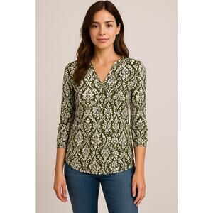 DNA Couture Green & White Damask Blouse–Button Front Lightweight Top -Small